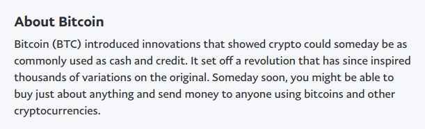 PayPal's descriptions for BTC, ETH, BCH, and LTC.Could use some work.