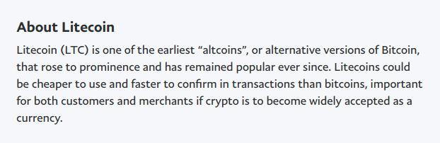 PayPal's descriptions for BTC, ETH, BCH, and LTC.Could use some work.
