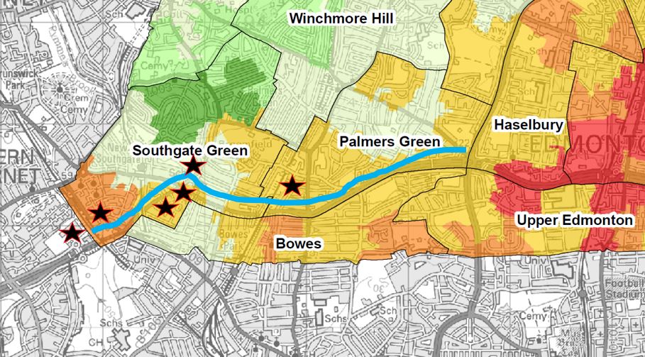 The IDACI data is available via the link below. For those interested here's a map that includes the wider area including  #FoxLaneLTN which also unfairly benefits the advantaged (the stars show the new builds). /.6 https://governance.enfield.gov.uk/mgConvert2PDF.asp?ID=13009