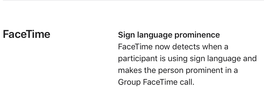 Coty's tweet photo. I missed this when it came out in iOS 14, but I just noticed it in Big Sur release notes. FaceTime now detects participants using sign language and makes them prominent in a group call. Nice improvement to accessibility. https://t.co/n6Qtc8eN7O