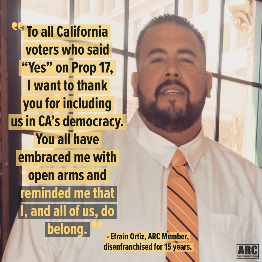 AntiRecidivism's tweet photo. "While the world was watching who the next POTUS would be, I was paying attention to the local props &amp; races. Especially Prop 17, which was the first time I advocated for something in the free world." 

#ARCVotes #FreedTheVote #OurPeopleOurCommunity #VotingIsEssentialWork https://t.co/2ANT0JRNff