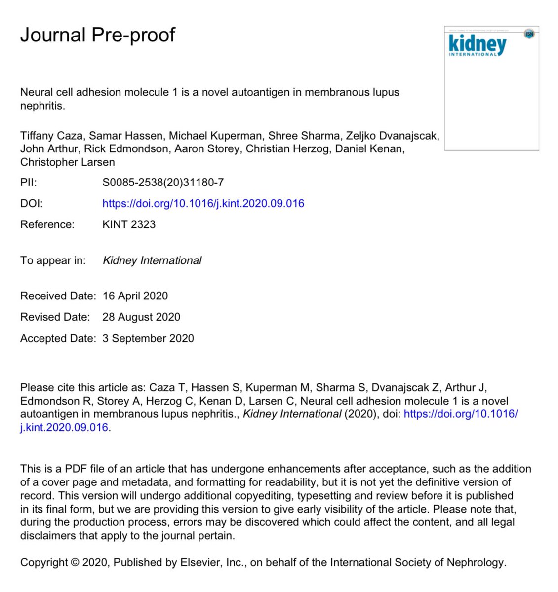 Neural cell adhesion molecule 1 (NCAM1) is a novel autoantigen in membranous lupus nephritis ca. 2020 from @Kidney_Int @Tiff_Caza @nephrosharma @renalpathdoc #Nephpearls 

👉🏼 kidney-international.org/article/S0085-…