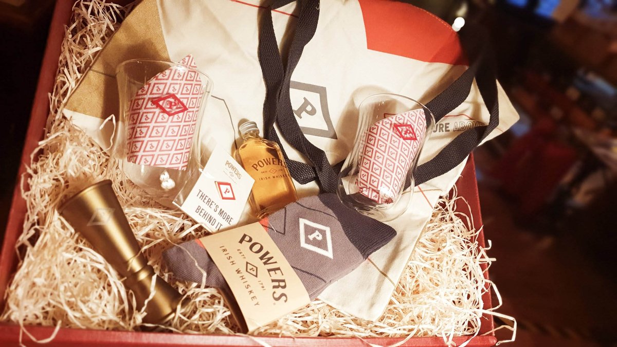 Something for the @Powers_Whiskey fans, an exclusive limited edition gift set incl Tote bag, socks, 2 double wall glasses, pin, jigger and hot whiskey mix. Available online and in store €35