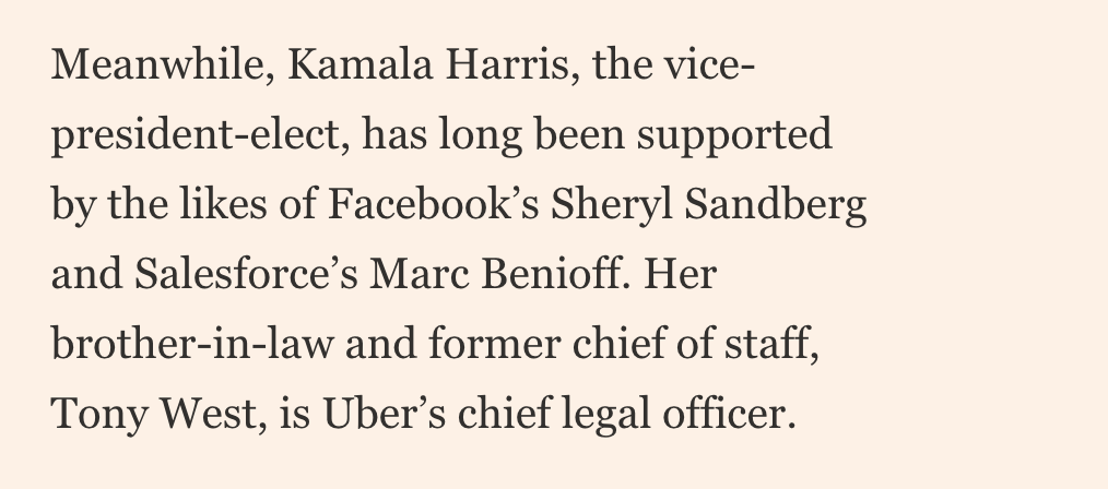 Oh great, and Copmala's brother in law is the top lawyer at Uber.