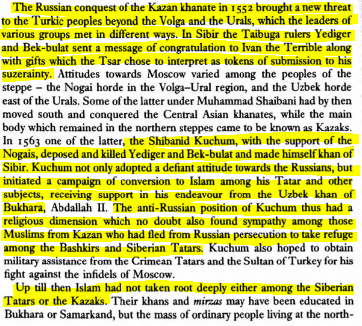The various Khanates had different ways of dealing with the conquest of Kazan. The rulers of Sibir sent a congratulatory message to Ivan the Terrible. Later, Khan Kuchum adopted a defiant attitude towards the Russians and encouraged the his subjects to convert to Islam.