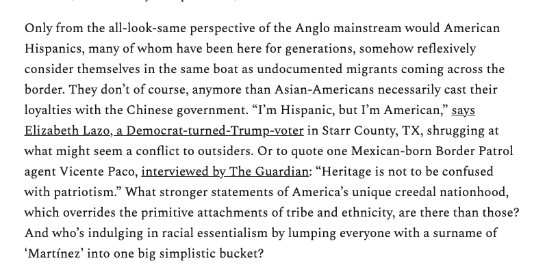 Going further, It's parochial (not say a teensy bit racist) to think that American Hispanics, many of whom have been living in the states *before they were states* reflexively identify with undocumented immigrants, and are rabidly pro-immigration in a sternly one-issue-voter way.