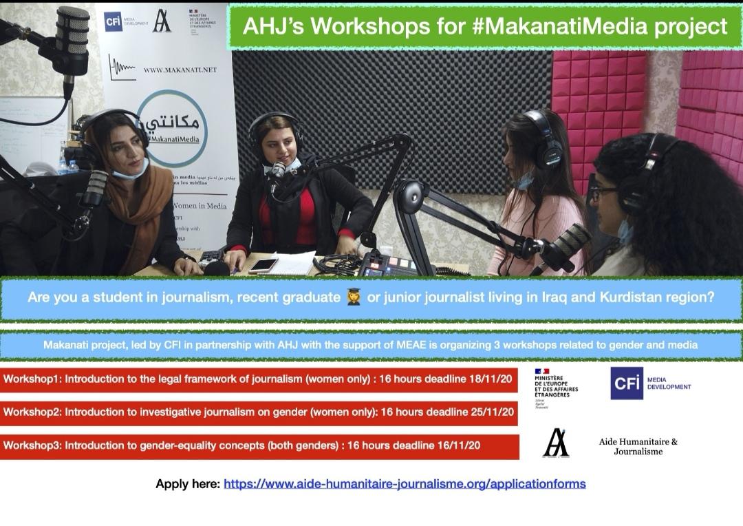 Are you a student in journalism, recent graduate or junior journalist living in Iraq and Kurdistan region? #MakanatiMedia is organizing 3 workshops related to #Gender &amp; #Media 
Apply here:
aide-humanitaire-journalisme.org/applicationfor…

Led by <a href="/CFImedias/">CFImedias</a> with <a href="/AHJ_org/">Aide Humanitaire & Journalisme</a> &amp; support of <a href="/francediplo/">France Diplomatie 🇫🇷🇪🇺</a>