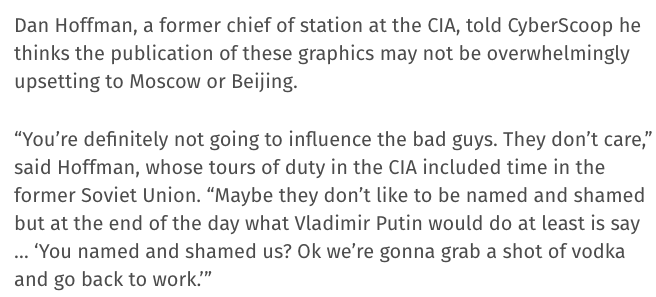 . @danielhoffmanDC, a former chief of station at the CIA, said he doubts the graphics will be too upsetting to Moscow or Beijing, w/ this fun quote: "What Vladimir Putin would do at least is say… ‘You named and shamed us? Ok we’re gonna grab a shot of vodka and go back to work’”