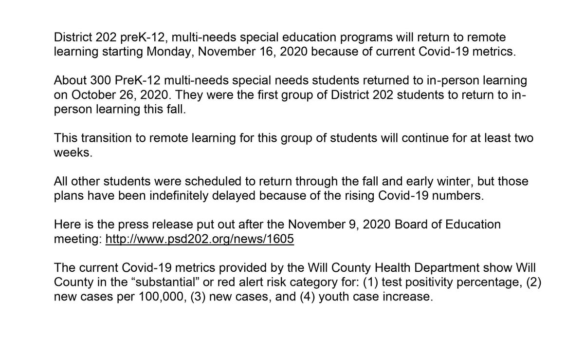 d202schools's tweet image. UPDATE: District 202 preK-12, multi-needs special education programs will be returning to remote learning on Monday, November 16, 2020. #202proud