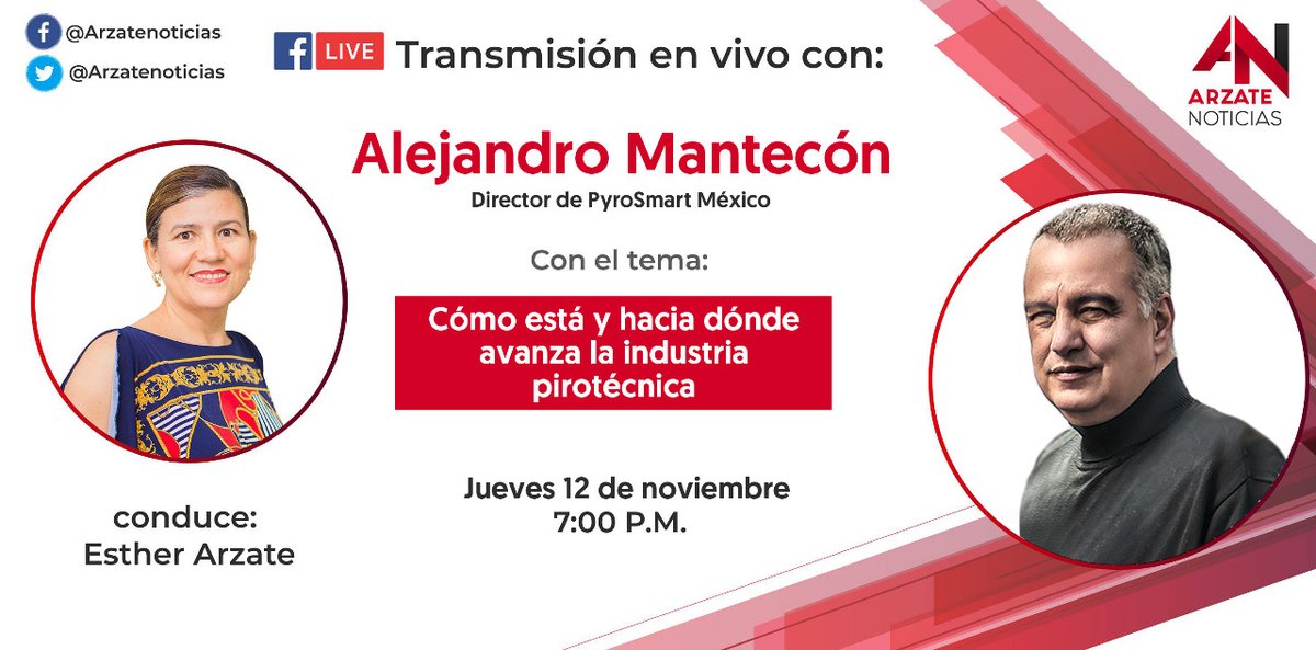 Hoy en <a href="/ArzateNoticias/">Arzate Noticias</a> entrevista con <a href="/EAMantecon/">Alejandro Mantecon</a>, creador de #PyroblastC y activo participante en la industria #minera hablara sobre "Cómo está y hacia dónde avanza la industria pirotécnica".

🗓️12 de nov 2020
⏰7:00pm
📽️facebook.com/ArzateNoticias
<a href="/PYROBLASTMexico/">PyroSmart México</a> <a href="/earzate2003/">Esther Arzate</a>