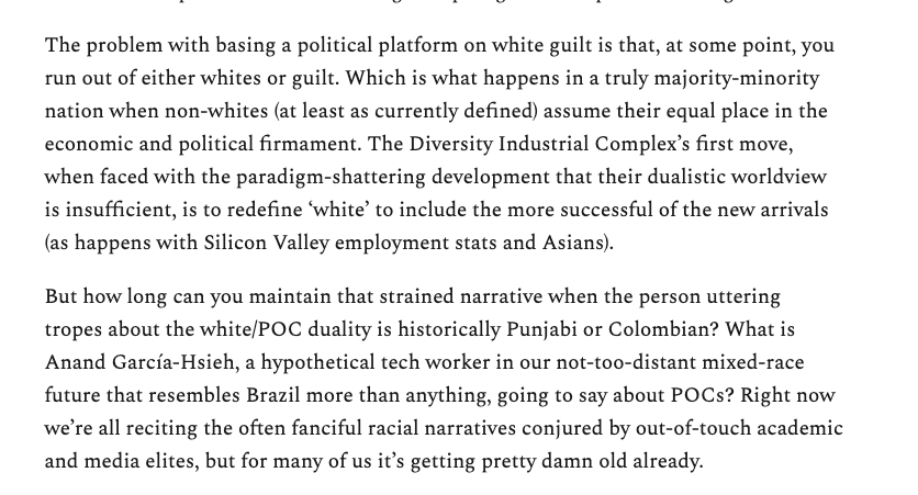 The obsessively dualistic racial worldview of the Anglo world is foreign to the Hispanic world (which is why labels like 'LatinX' have to be invented apparently). But where does this weirdly white-centered worldview end when half of US population growth is Hispanic?