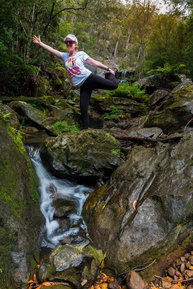 212Alison's tweet image. Perfect weather for hiking waterfalls, especially in my hand painted #targetingcancer T.shirt #virtualfunrun #yogapose @TargetingCancer