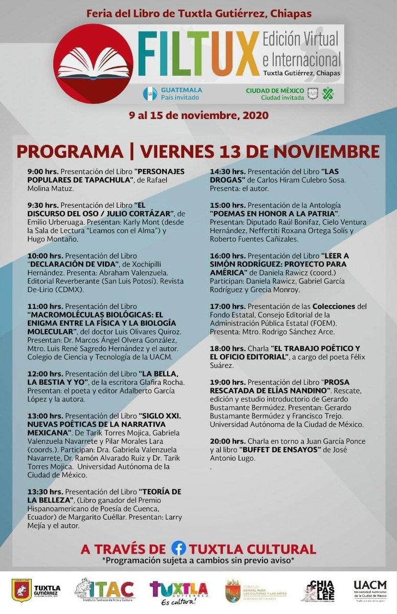 librosuacm's tweet photo. #UACM en #FILTUX2020
📅 13 nov
11:00 "Macromoléculas biológicas" de Luis Olivares
13:00 "Siglo XXI. Nuevas poéticas..." de Tarik Torres, @GabyValenzuelaN y Pilar Morales
16:00 "Leer a Simón Rodríguez" de Daniela Rawicz
19:00 "Prosa rescatada de Elías Nandino" de @gerardbb81 https://t.co/vXOIMtGkMo