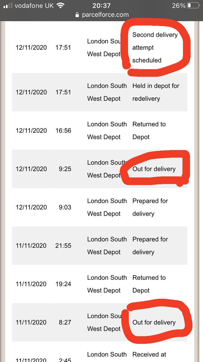 Hey <a href="/parcelforce/">Parcelforce Worldwide</a> why can’t you deliver my package? Twice it’s be out for delivery and twice returned to depot. No one has attempted to deliver, no van. 🤷🏻‍♂️