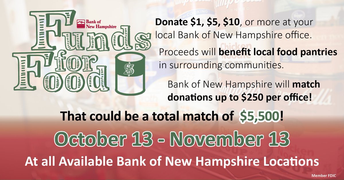 BankNH's tweet photo. Tomorrow is the last day of our #FundsForFoodDrive!
Visit any one of our available offices to donate and add your name to the Board of Givers.
#BNHGivesBack https://t.co/hJoQbG5gOa