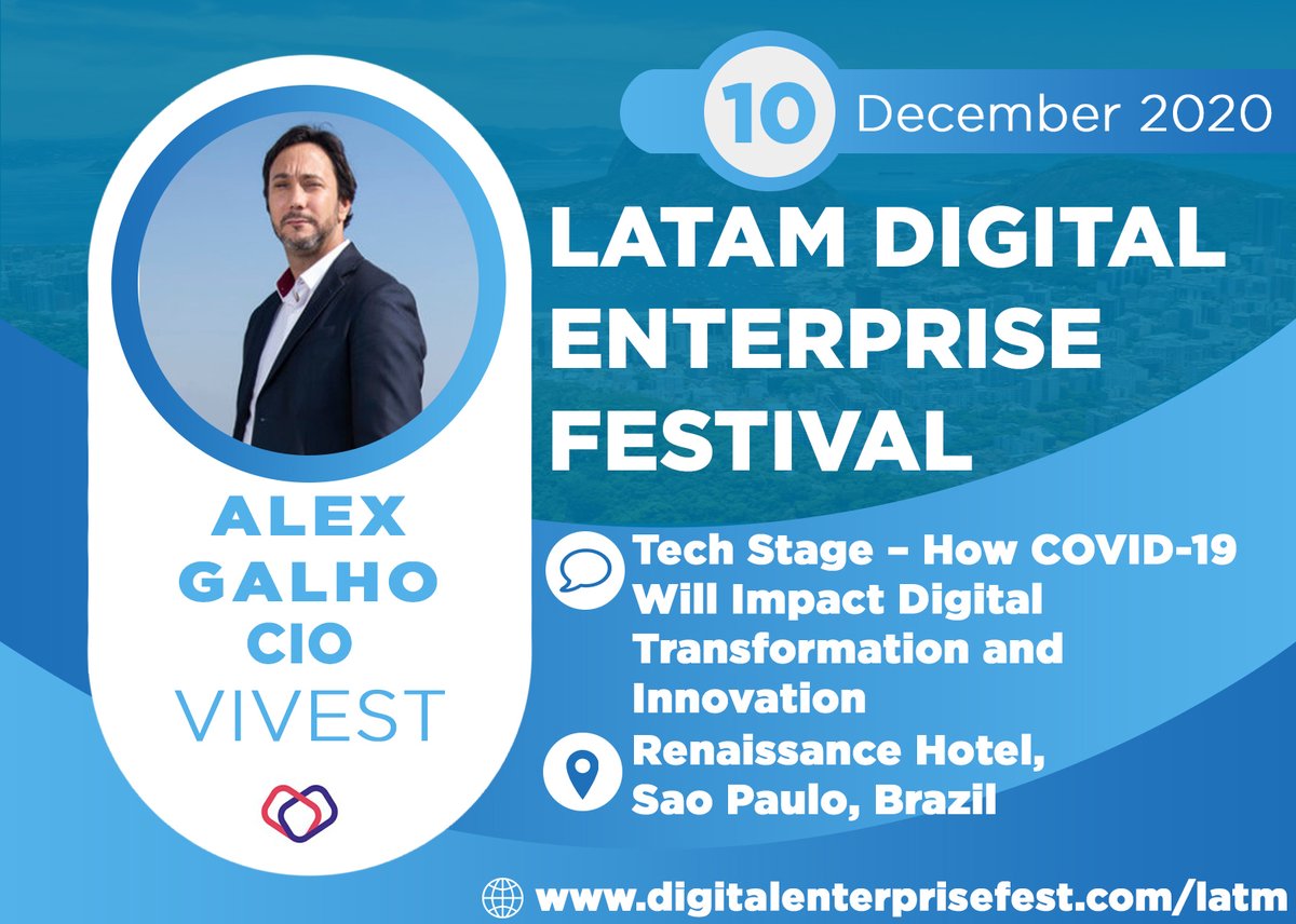 DigiEntFest's tweet photo. @AlexGalho CIO at Vivest will discuss "How COVID-19 Will Impact Digital Transformation and Innovation" at our CIO event in Sao Paulo.

Alex will debate how CIO's should urgently consider how COVID pandemic will impact this mission-critical priority.

https://t.co/yYc5bYSyUg https://t.co/z2n870kQ0R
