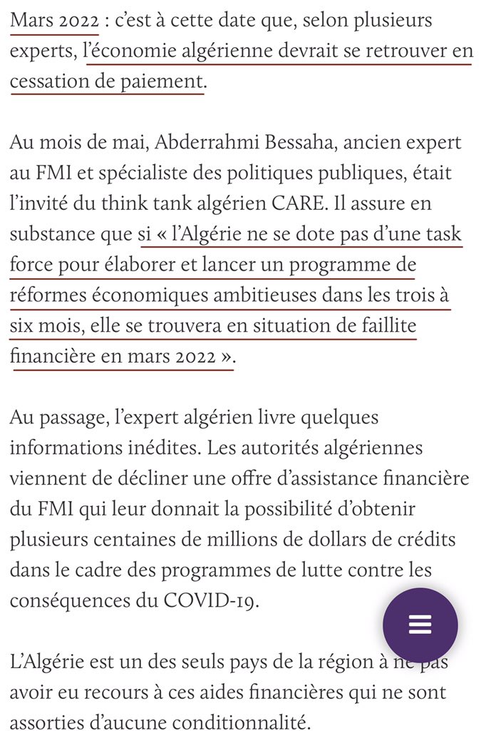 L’algérie : opaque sur ses chiffres Covid19. Des investissements militaires massifs.Crise économique accentuée par la chute du cours pétrole ; crise sociale depuis + d’un an à l’image du Hirak. Perspectives d’avenir peu ambitieuses.
