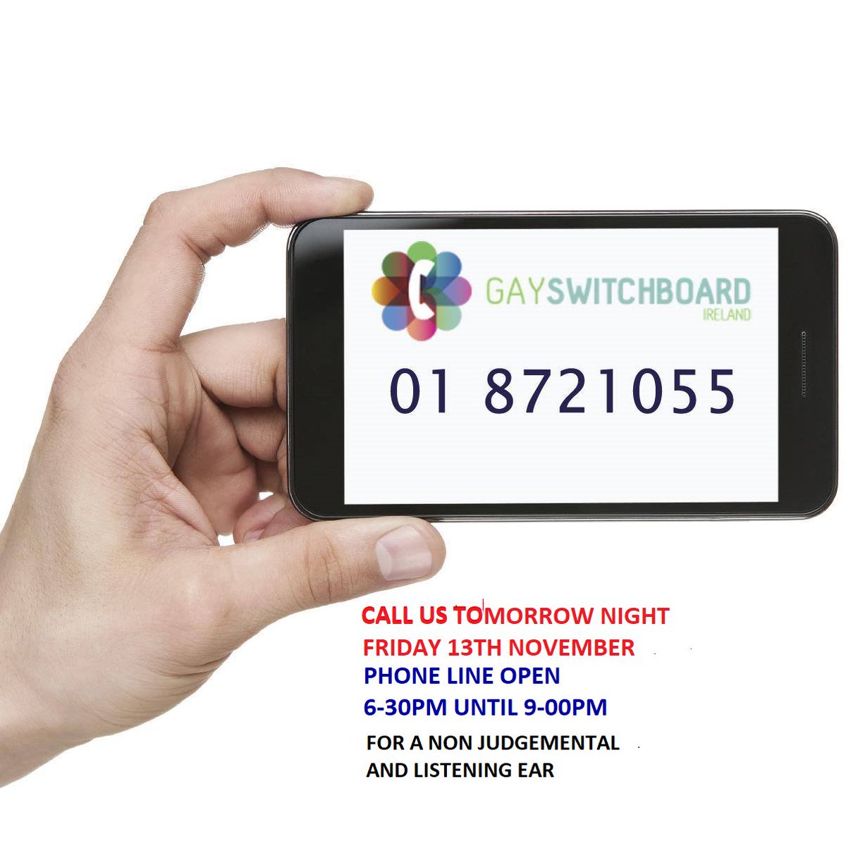 switchboard_ie's tweet photo. Phone Line open tomorrow night 13th November. Call us on anything LGBTQIA + related or just for a chat 6-30PM - 9PM 

#gayswitchboard #phoneline #lonely #lgbt #lgbtqia #gayIreland #gayhelp #Ireland #queer #queerIreland #LGBTQIAfamily #LGBTIQ #lgbtIreland #isolated #sexualhealth https://t.co/GPo402ZIsR
