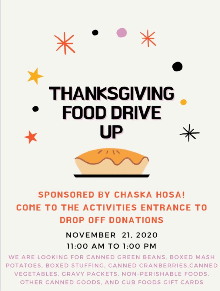 We’re hosting a food drive!! All donations are appreciated, but we’re hoping to get some thanksgiving foods for our Hawk Haul!