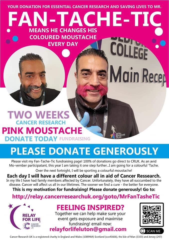 RelayLuton's tweet photo. Shout out to @CentralBeds security officer Waz who is dying his moustache every day for @RelayLuton @CR_UK 

Fan-tache-tic! #Movember https://t.co/KkRRFWc7SD