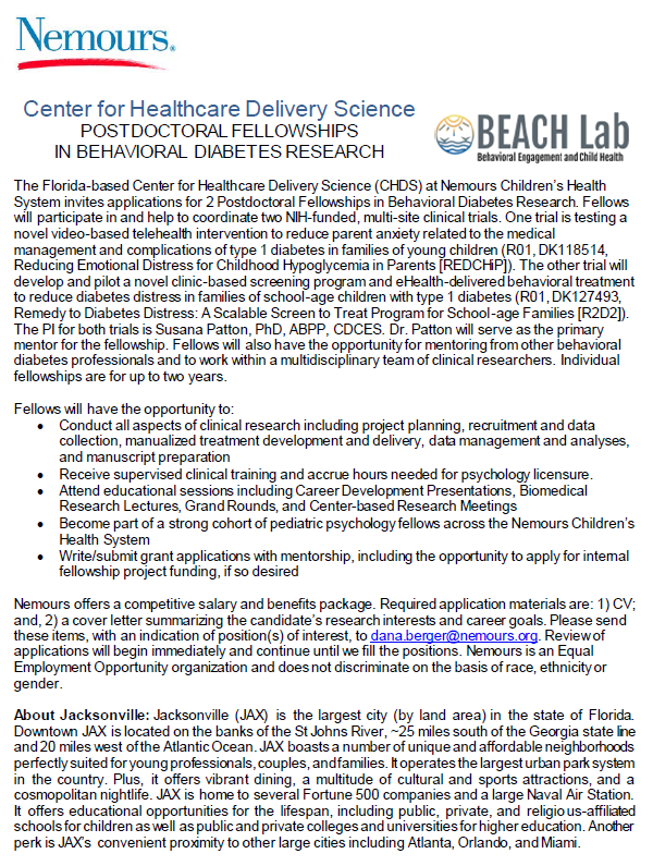Recruiting two postdoc fellows interested in behavioral #diabetes research to work on two <a href="/NIDDKgov/">NIDDK</a> funded studies at <a href="/NemoursCHDS/">Nemours CHDS</a> <a href="/Nemours/">Nemours Children's Health</a>. PI Dr. <a href="/pato6i/">Susana Patton</a> is an amazing mentor/supervisor! See attached &amp; retweet!