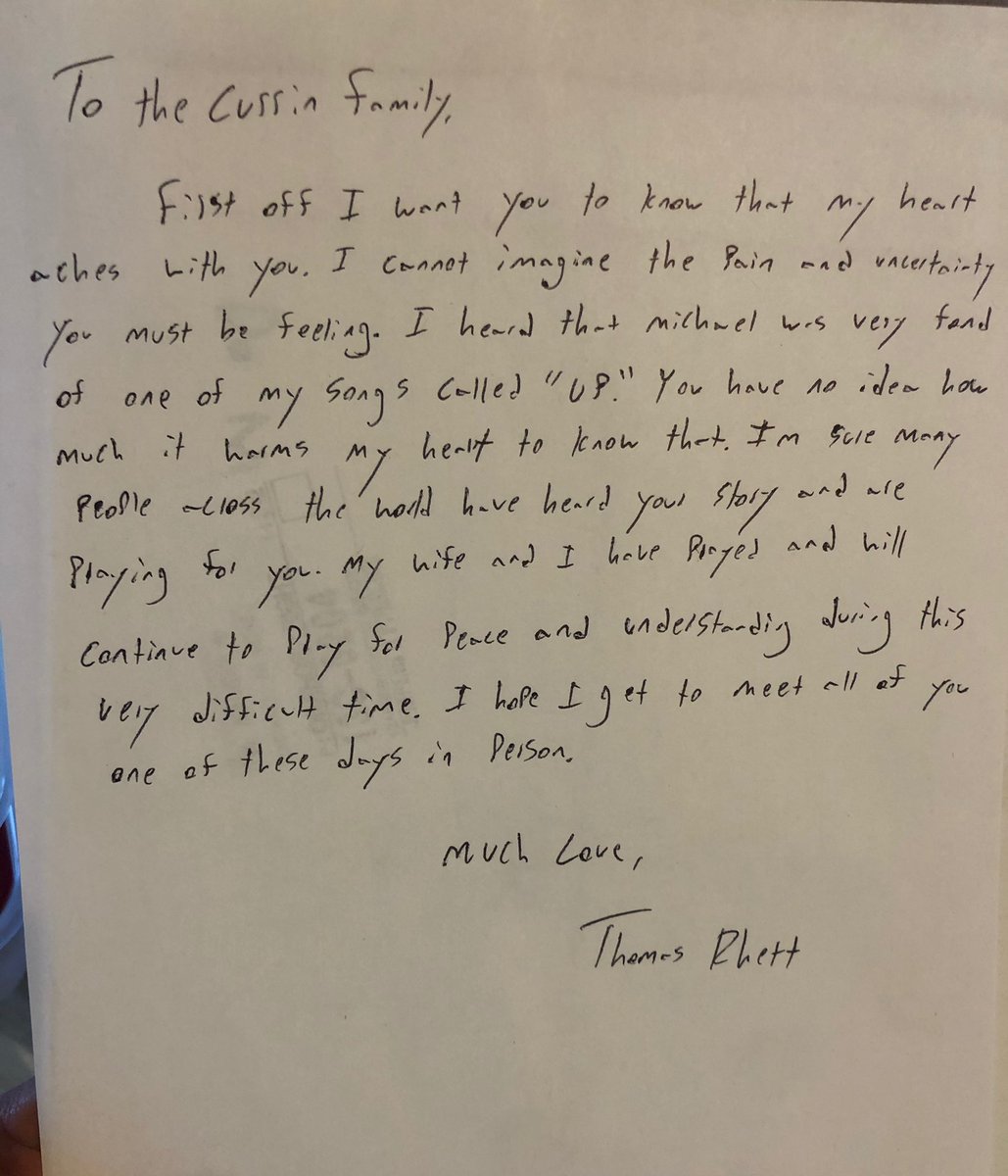 BigMoBarrett's tweet photo. Beautiful letter to the family of Michael Currin from Country Music superstar @ThomasRhett #KeepGoing25 https://t.co/eeY79CCSqM