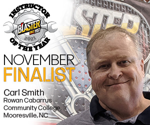 BlasterProducts's tweet photo. we're excited to announce the first finalist for the 2021 B'laster Instructor of the Year -- congrats to Carl Smith! Read Carl's story here: https://t.co/08OaTVcCmB
.
#blasterfreakinworks #ioty2021 #autoinstructors https://t.co/X6ZNXL8YNu