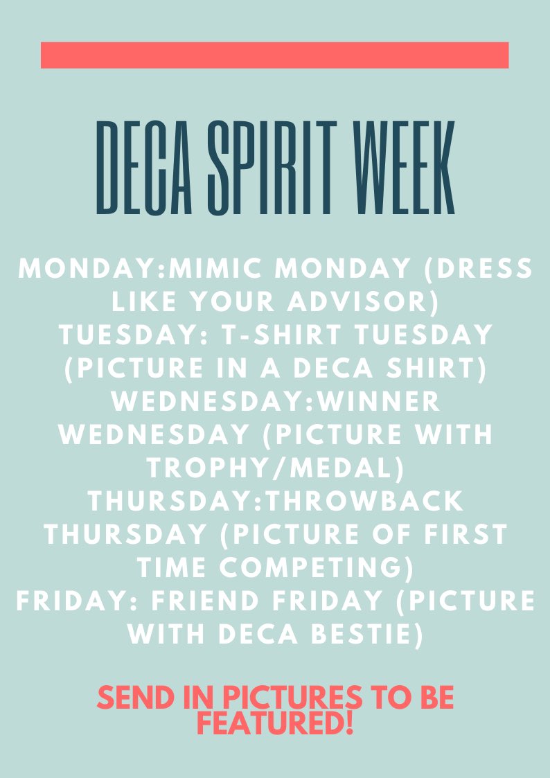Ohio_DECA's tweet photo. Hey Ohio DECA!! Here is a virtual DECA spirit week in honor of DECA month and virtual FLC kicking off this week! Everyday of next week has something fun for you and your chapter to participate in! Send in pictures and have a chance to be featured on this page! #OHDECA #OhioDECA https://t.co/obY04OllLu