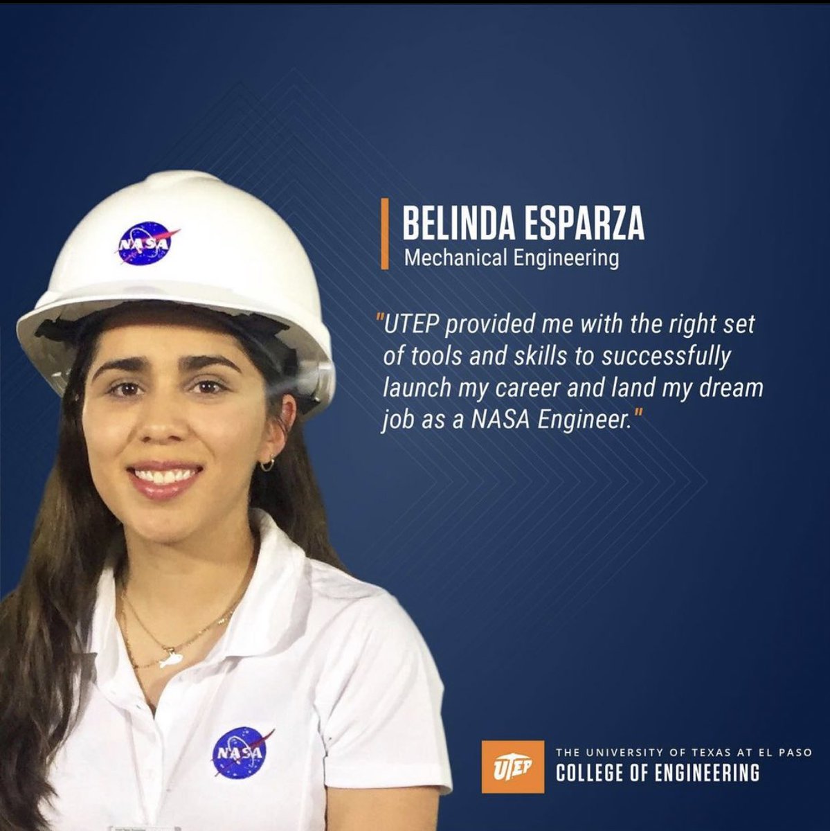 UTEPMechanical's tweet image. Our Success Stories: "UTEP provided me with the right set of tools and skills to successfully launch my career and land my dream job as a @NASA engineer."

Belinda Esparza
Mechanical Engineering

#pickengineering #UTEP #MajoringMechanical