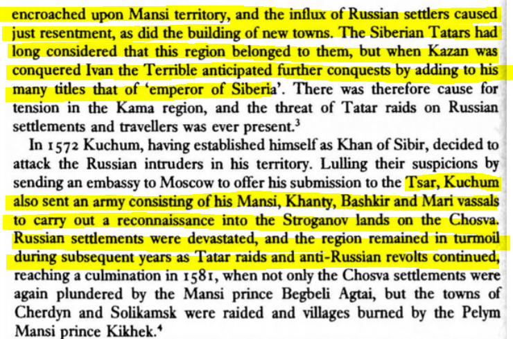 Russia settlement was opened in the Perm. Stroganov was granted a charter by Ivan the Terrible. Russian settlement caused resentment and anti-Russian revolts among the Sibir.