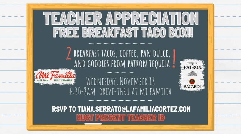 mifamiliarim's tweet photo. Tag a teacher! 🍎✏️ We want to say MUCHAS GRACIAS for all of your hard work. We're teaming up with Patron Tequila and will be holding a Breakfast Appreciation Drive-Thru for Teachers on 11/18 from 6:30-8 am. RSVP to receive your FREE Taco Box, while supplies last. https://t.co/KtDPMukNQ4
