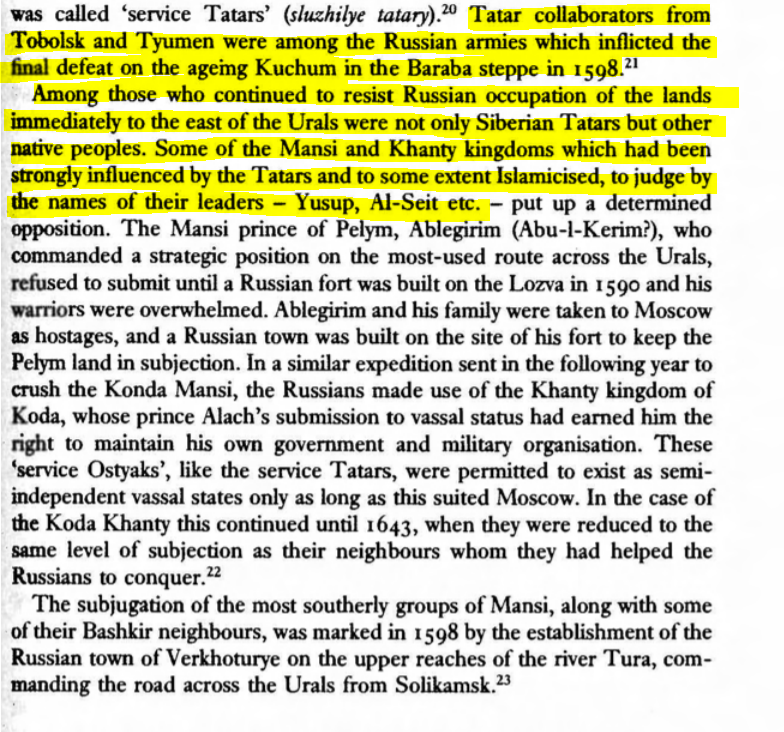 Tatar collaborators helped the Russian army deal the final blow to Kuchum in 1598. Many Siberian Tatars and Islamicised Khanty and Mansi continued to resist the Russian east of the Urals.