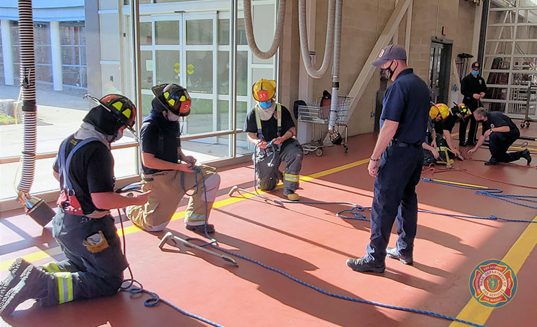 MassDFS's tweet photo. #Recruits from #Class288 at the Stow campus learn & practice knot tying and hauling and securing tools with rope. https://t.co/e6GFWJSdte