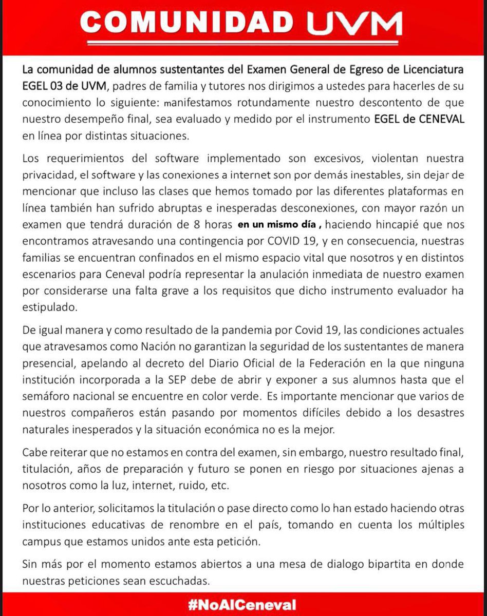 Daniela56474090's tweet photo. #UVM @UVMMEXICO No estamos en contra de presentar el #ceneval, estamos en contra de que sea REQUISITO para titulación, con tantos factores EXTERNOS fuera de nuestro alcance #noalcenevaluvm #noalvenevalanáhuac
@SomosCeneval https://t.co/csVIhbKYOY