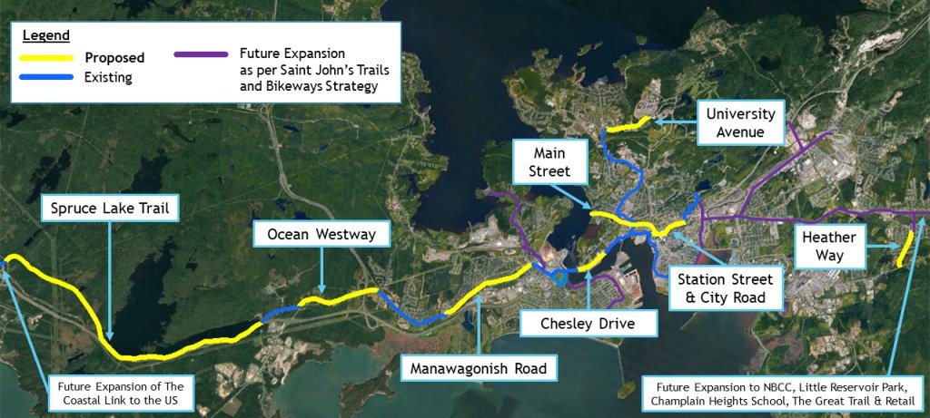 We work closely with municipalities to make cycling safer. Thanks to your help in August 2020, we collected over 300 letters of support for an active transportation corridor through Saint John utilizing cost effective measures such as road diets and modular concrete curb 9/10