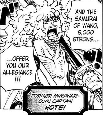 Du côté des forces de Kaido, y a de puissants perso se battant en partie à l’épée/arme tranchante:-les Calamités;-Who’s Who et Sasaki;-et Hotei (même si on ne connaît pas son niveau malgré son statut supposant un bon lvl).Vous devinez certainement où je veux en venir.