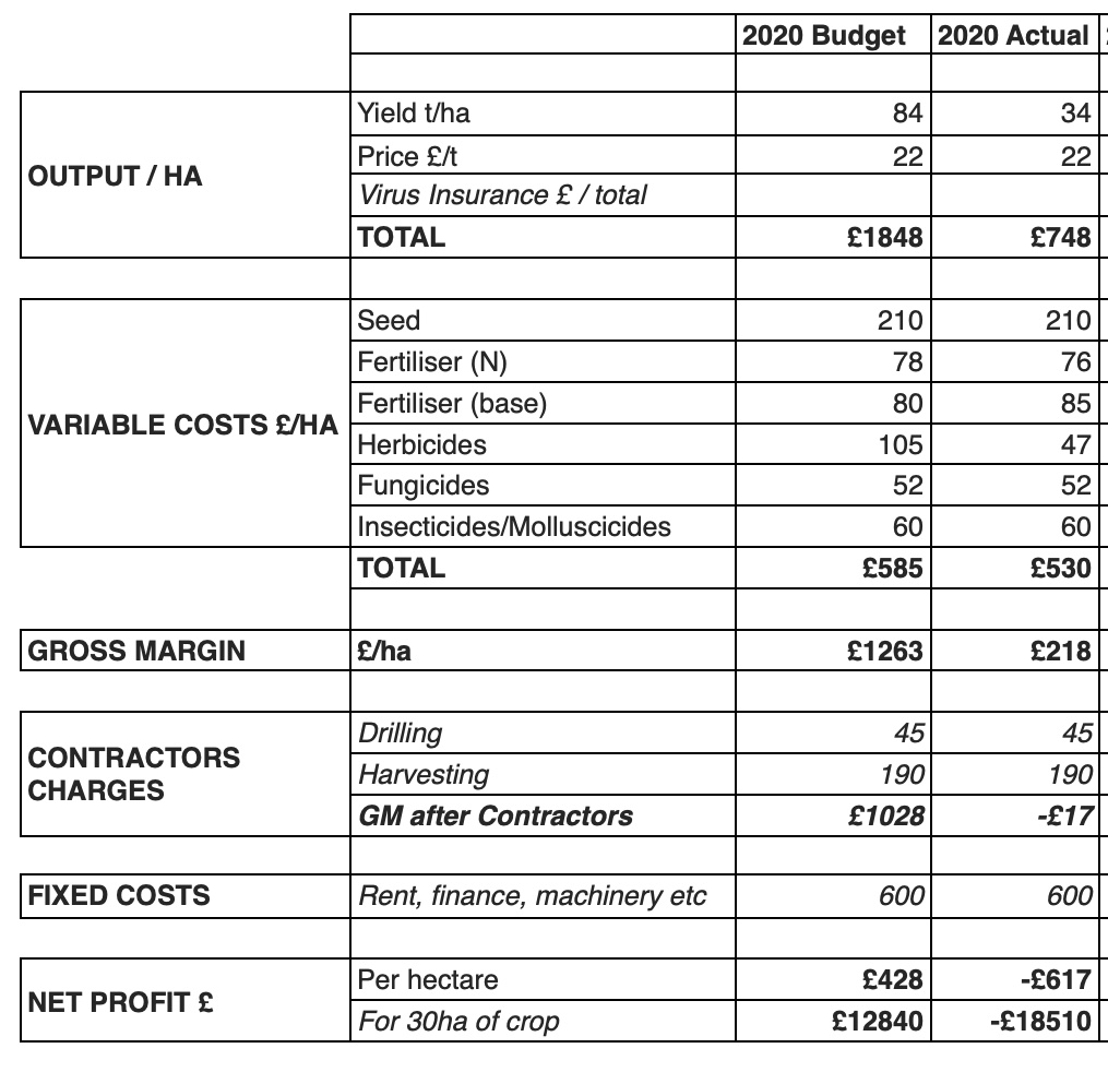 Plug these numbers into my budgets and it reveals a negative gross margin after contract drilling and harvesting. Plus we’ve still got all our usual overheads too, represented in here by a token (and conservative) £600/ha.