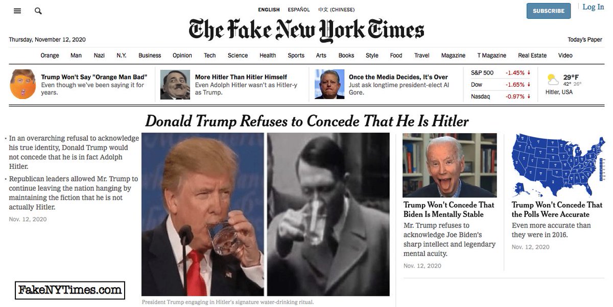 realfakenytimes's tweet image. Donald Trump Refuses to Concede That He Is Hitler - fakenytimes.com/124
#StopTheSteaI #ConcedeJoe #PollWatcher