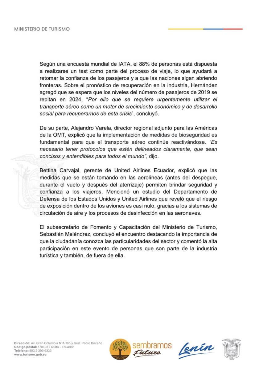 TurismoEc's tweet photo. [BOLETÍN] Conocer el estado de confianza en el transporte aéreo para la reactivación del turismo y las acciones para fortalecerla, fue el tema del #MinturTalks realizado por esta cartera de Estado con el apoyo de @UNWTO, @IATA y @United Ecuador.

▶️ https://t.co/3BNwF10thJ https://t.co/0L1V7H9SgL