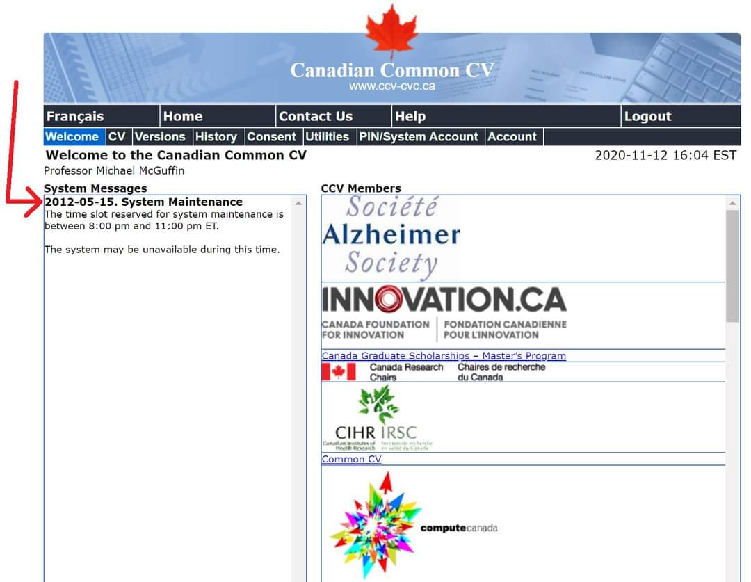 Audreygirouard's tweet photo. I've never noticed the maintenance date before. This says a lot about our favorite Canadian academic website. #canadiancommoncv #ccv https://t.co/6vzj6oF0Pp