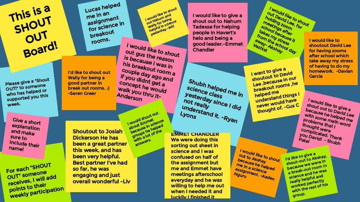 Havert's SHOUT OUT Board! Praising 7th grdrs helping each other w/ emot/acad/trying times Most my kids have NEVER physically met. Still created bonds to support &amp; make difference to each others. We all should be so lucky. <a href="/LibertyBell_JCS/">Liberty Bell MS</a> @JCSTechLeads <a href="/HollyIFlora1/">Holly I Flora</a>
