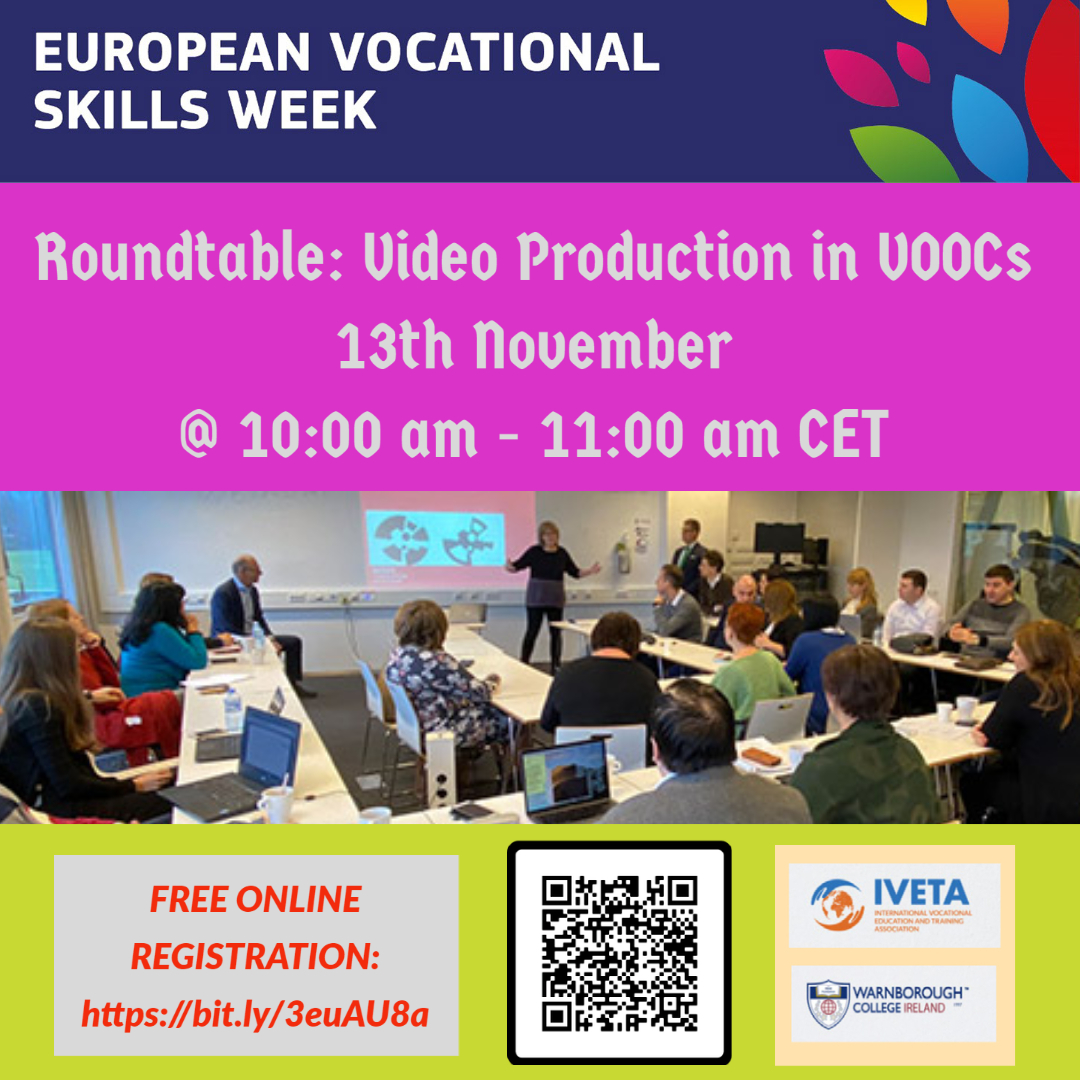 Warnborough's tweet photo. Join us for the closing #EVSW2020
Roundtable: Video Production in VOOCs
13th November
@ 10:00 am - 11:00 am CET
FREE ONLINE REGISTRATION
#ivetaeurope #IVETAEU #WarnboroughCollege #education #freewebinar #skills #evsw #evsweek2020 #video #roundtable #discussion #camera https://t.co/Tzlm0wLkna