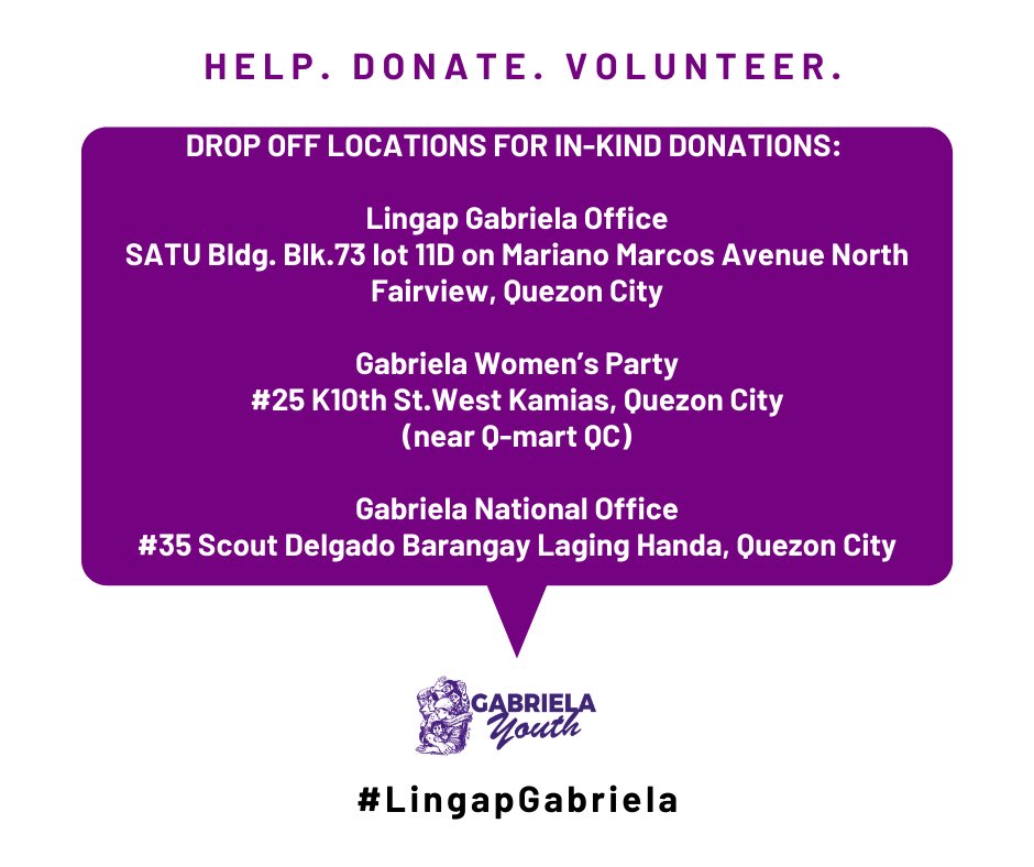 gabrielayouthph's tweet photo. #LingapGabriela

Muling nananawagan ang Gabriela Youth para sa mga donasyon at nais mag-volunteer. Lahat ng makakalap na donasyon ay mapupunta sa mga residente ng Distrito 2, Quezon City, Tondo, Manila, at iba pang bahagi ng Luzon na malubhang nasalanta ng bagyo! https://t.co/IFC6WLi761