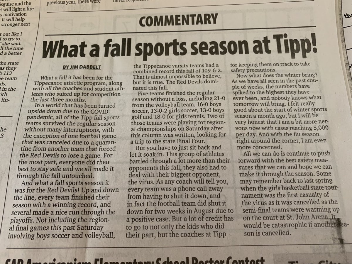 Great article in this weeks Tipp Gazette on the success of Tipp Fall Athletics!!! A combined record of 109-6-2 for all Varsity Athletics!!! Congratulations to all student-athletes and coaches on great seasons!!! Adding 2 State Titles this weekend would be icing on the cake!!!!