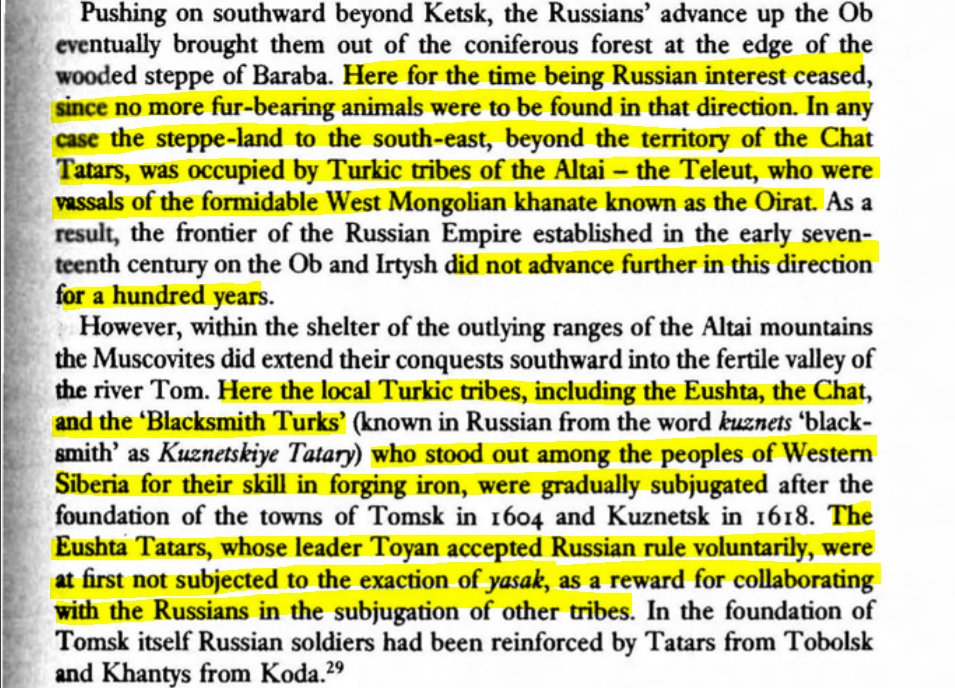 The conquest of the Siberian Tatars. The Eushta Tatars voluntarily submitted to the Russians and didn't have to pay the Yasak (tribute of fur) to the Russians as a reward.