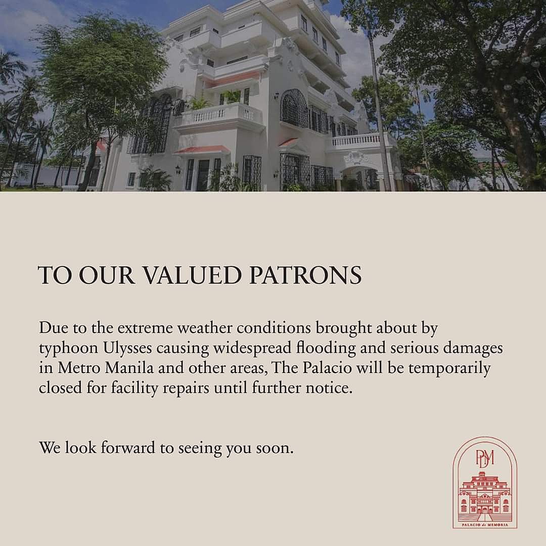 Please be advised that The Palacio will be temporarily closed for facility repairs until further notice. Thank you for understanding. 

#PalacioDeMemoria #SafeAtPalacio #StaySafeAndDry