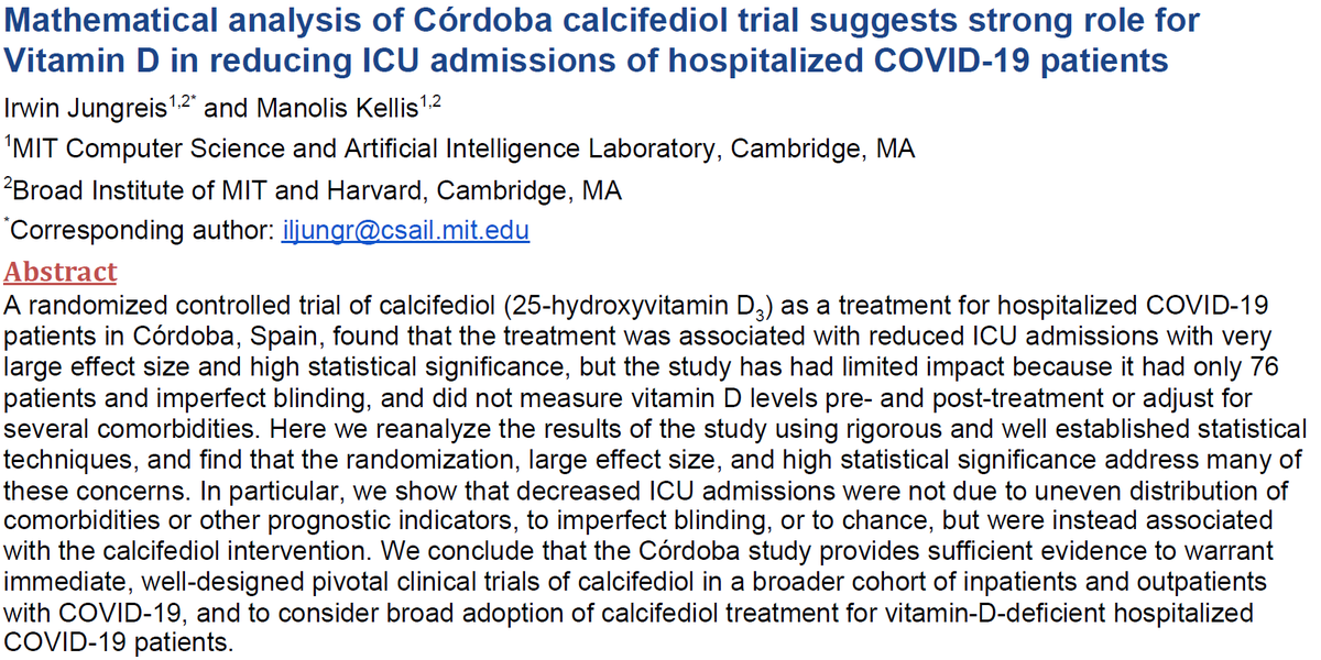 manoliskellis's tweet photo. As #COVID19 cases skyrocket throughout the world, a recent #VitaminD randomized clinical trial in hospitalized patients offers hope, with #25fold reduction in ICU admissions. Our mathematical analysis indicates its results are real https://t.co/XT2eHjMY44 #Calcifediol #Córdoba https://t.co/GkEOHibmHj