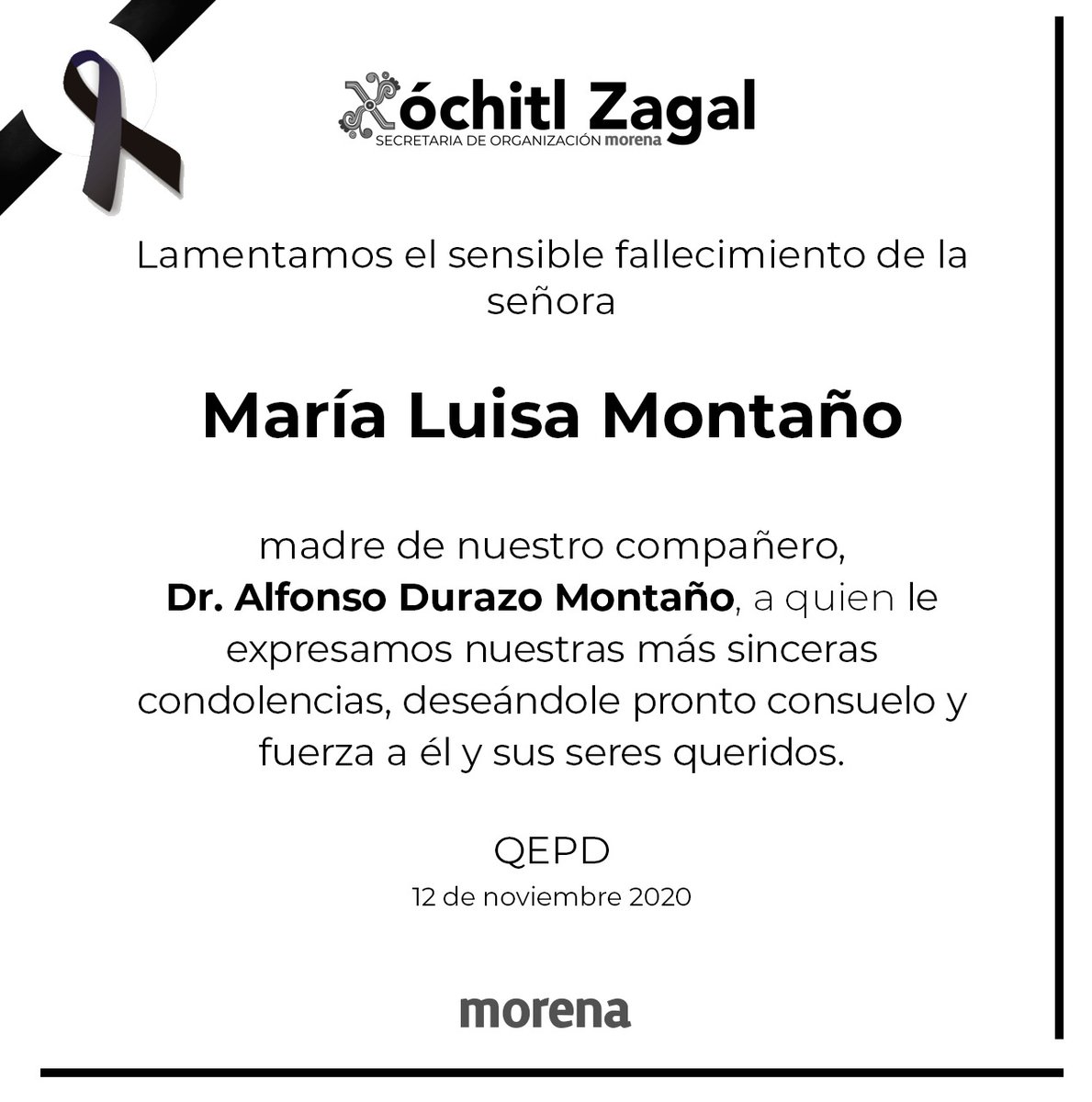 Nos unimos a la dolorosa pérdida que embarga a nuestro compañero <a href="/AlfonsoDurazo/">Alfonso Durazo</a> a causa del sensible fallecimiento de su señora madre, deseamos pronto consuelo a él y sus seres queridos.

#QEPD