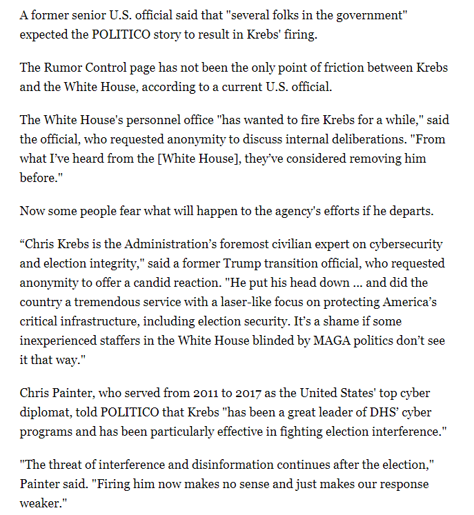 Here is our story about  @CISAKrebs expecting to be fired by the White House over his election security work:  https://www.politico.com/news/2020/11/12/cyber-official-chris-krebs-likely-out-436342This is obviously a developing situation.