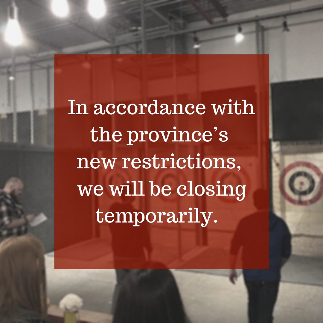 axethrowingYWG's tweet photo. As Manitoba moves into code red status, we will be closing once again. We understand that the safety of our community depends on getting cases back to a manageable level. We will update when we can provide axe adventures again comes but until then, stay safe #axethrowingwpg #wpg https://t.co/0cl5I2qLJG